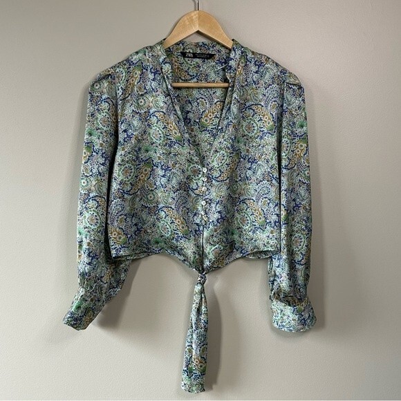 Zara Floral Paisley Satin Button Front Long Sleeve Tie Cropped Shirt Size Large - Picture 1 of 4